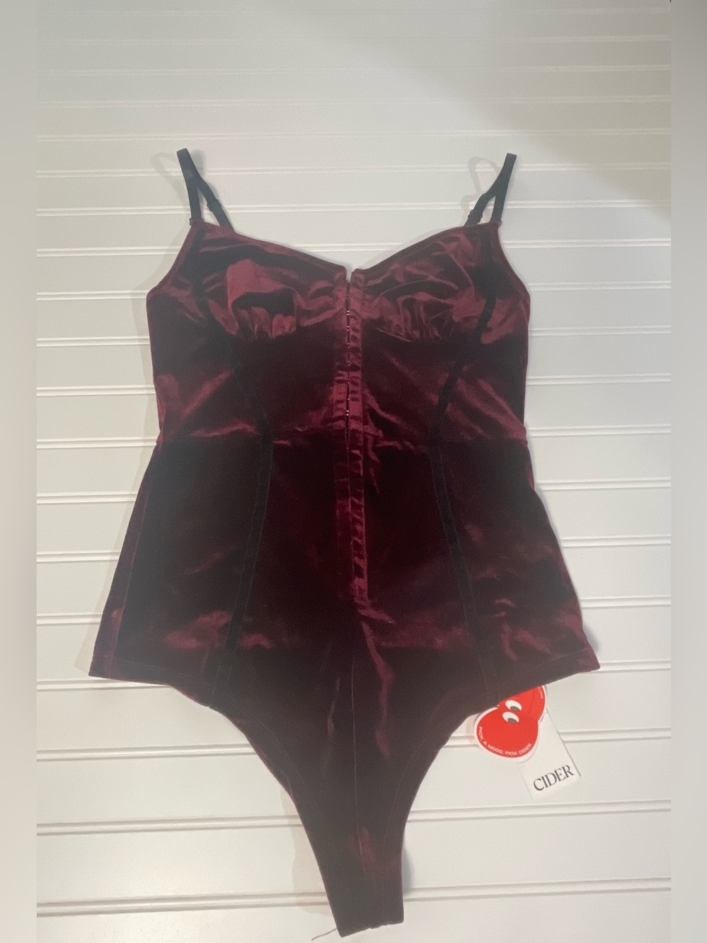 Cider Dark Red & Black Velvet Corset Look Bodysuit Medium M